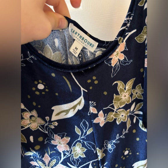 Earthbound Blue Floral Sleeveless Velvet Wide Leg Stretch Jumpsuit Pockets M/L - Picture 8 of 12